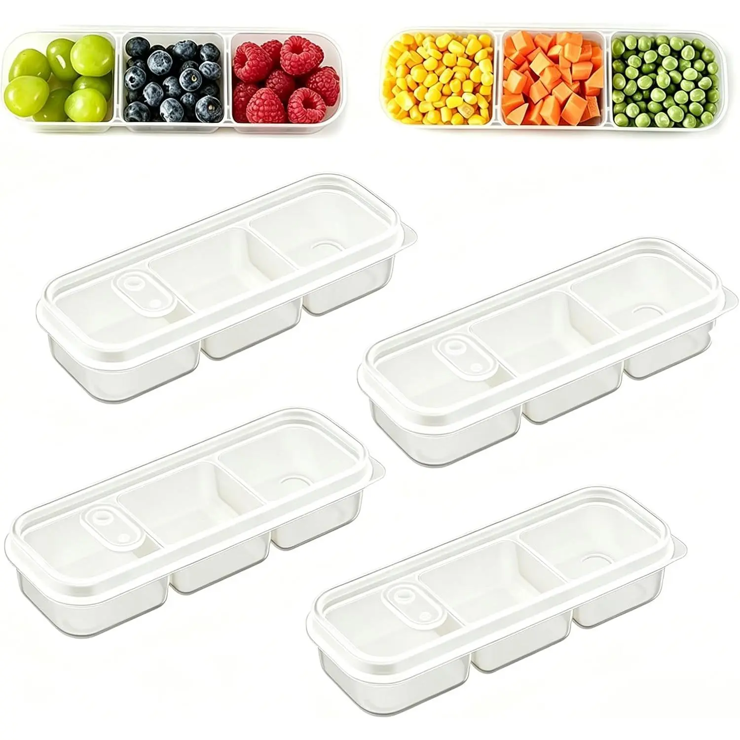 4 Pack 3-Compartment Fridge Organizer Bins Bacon organizer Box Fruit Storage Containers with , Airtight Containers for Bacon,Veggies & Fruit,Stackable Refrigerator & Freezer Organizer,Microwave