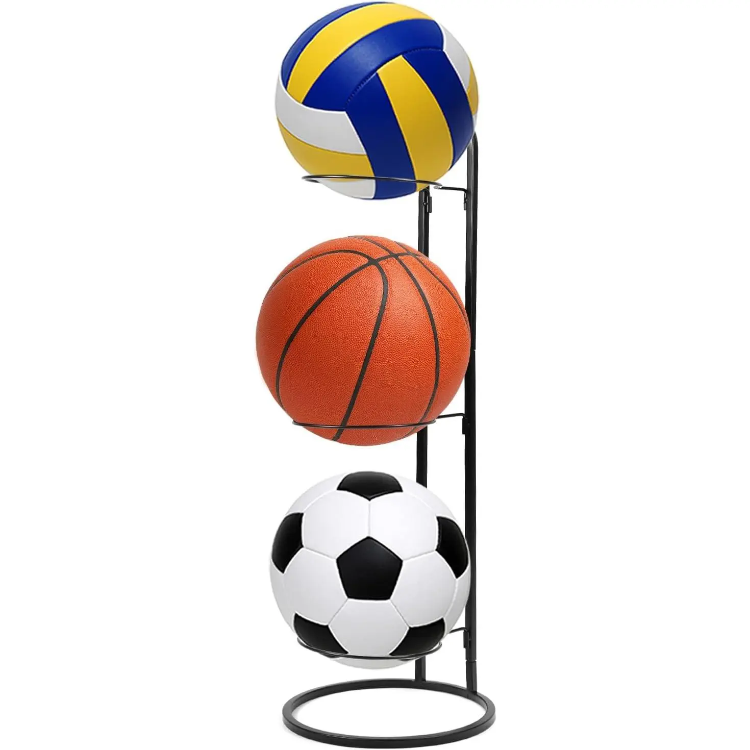 Basketball Ball Storage Rack – Vertical 3-Tier Design, Wall-Mountable or Freestanding, Space-Saving Solution for Basketball, Football, and Volleyball Storage