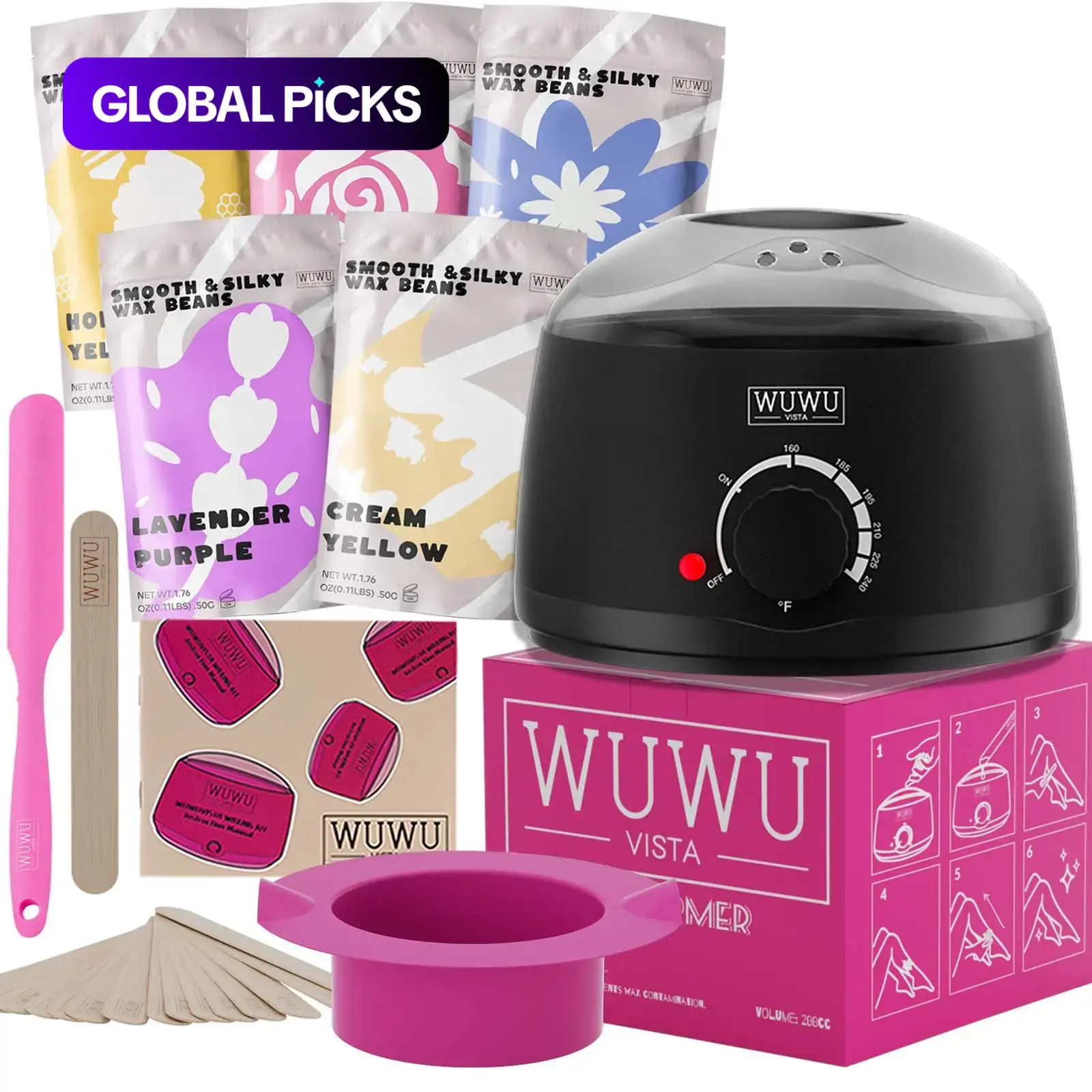 19-Piece Professional Waxing Kit Set, Waxing Supplies, Hair Removal, Usa Plug Wax Heater, 5 Packs of Hard Wax Beads, Reusable Silicone Applicators, Wax Warmer Kit, Smooth Skin Care Solution #GLOBAL PICKS