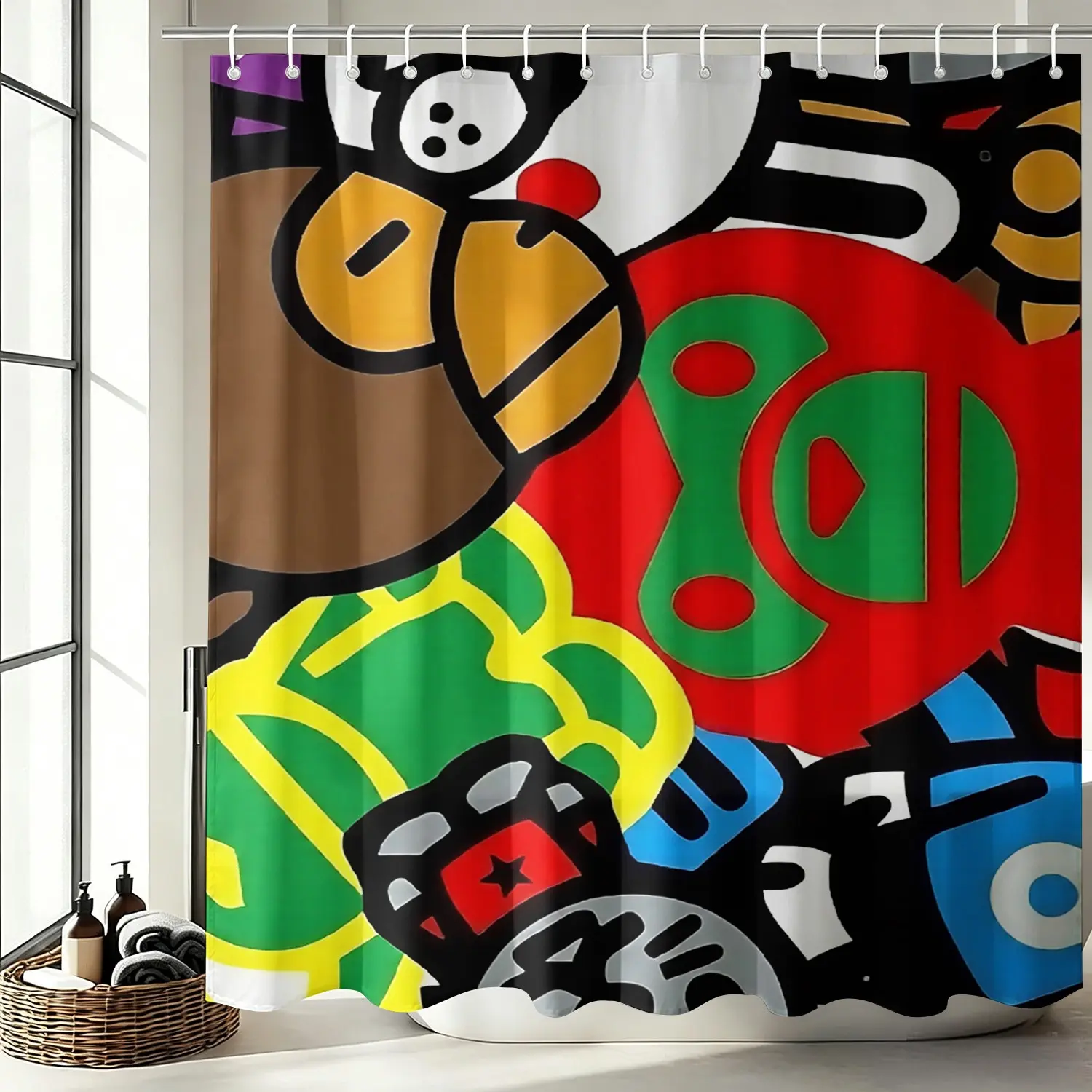 Colorful Cartoon Trendy Symbol Collage Graffiti Shower Curtain Funny-Waterproof Anti-Mold Oxford Fabric 72 Inches 12 Hooks-No-Drill Easy Install Privacy Bath Curtain-For Home/Dorm/Gaming Room Bathroom Decor
