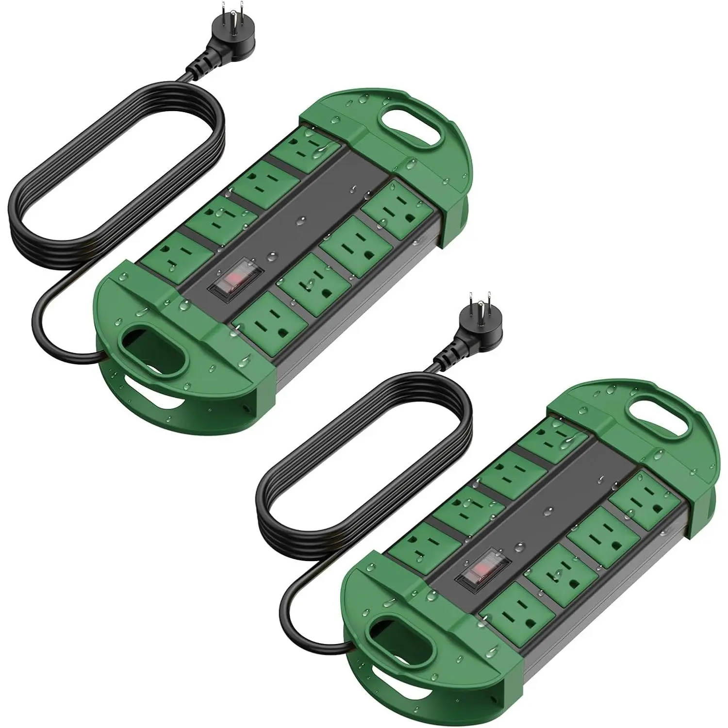 2 Outdoor Power Strips Weatherproof with 8 Plug,  Extension Cord with Multiple Outlets, Christmas Exterior Garden Yard Surge Protector 6FT, Green.