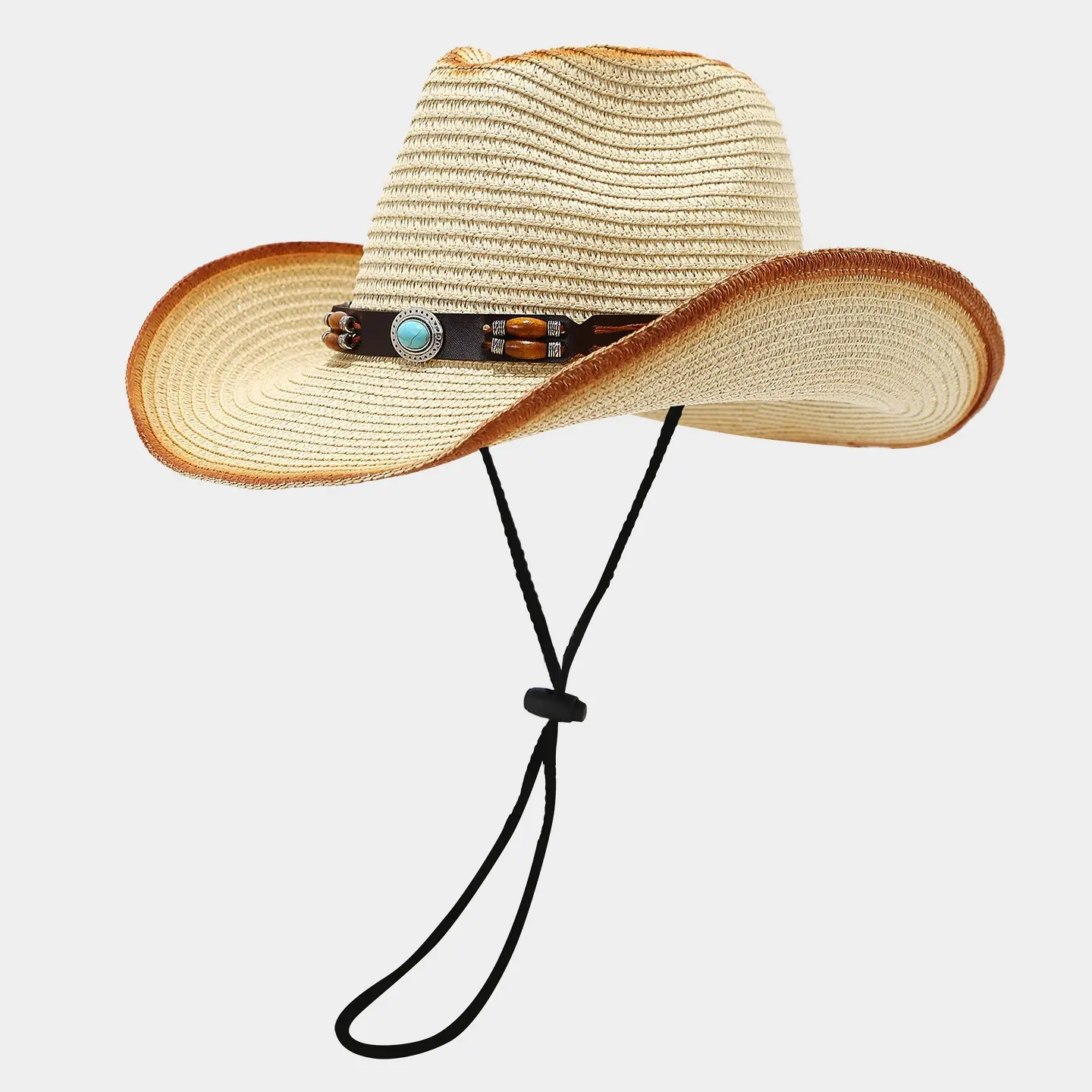 Retro Western Cowboy Straw Hat Wood Beads Leather Belt Unisex Country Style Clothing Decoration Outdoor Summer Travel Beach Cruise Wear Tailgate Party Costume Outfits Back To School Outfit Ideas Breathable Sun Hat For Adults