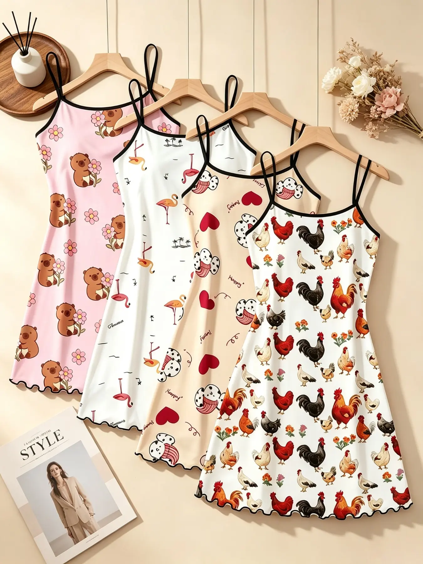 4 Pack Viral Best Seller Women's Sleepwear, Loungewear, Capybara Flamingo Cartoon Print Summer Spaghetti Strap Ruffle Hem Buttery Soft Slip Dress, Sleeveless Lightweight Comfy Breathable Nightgown for Daily Wear