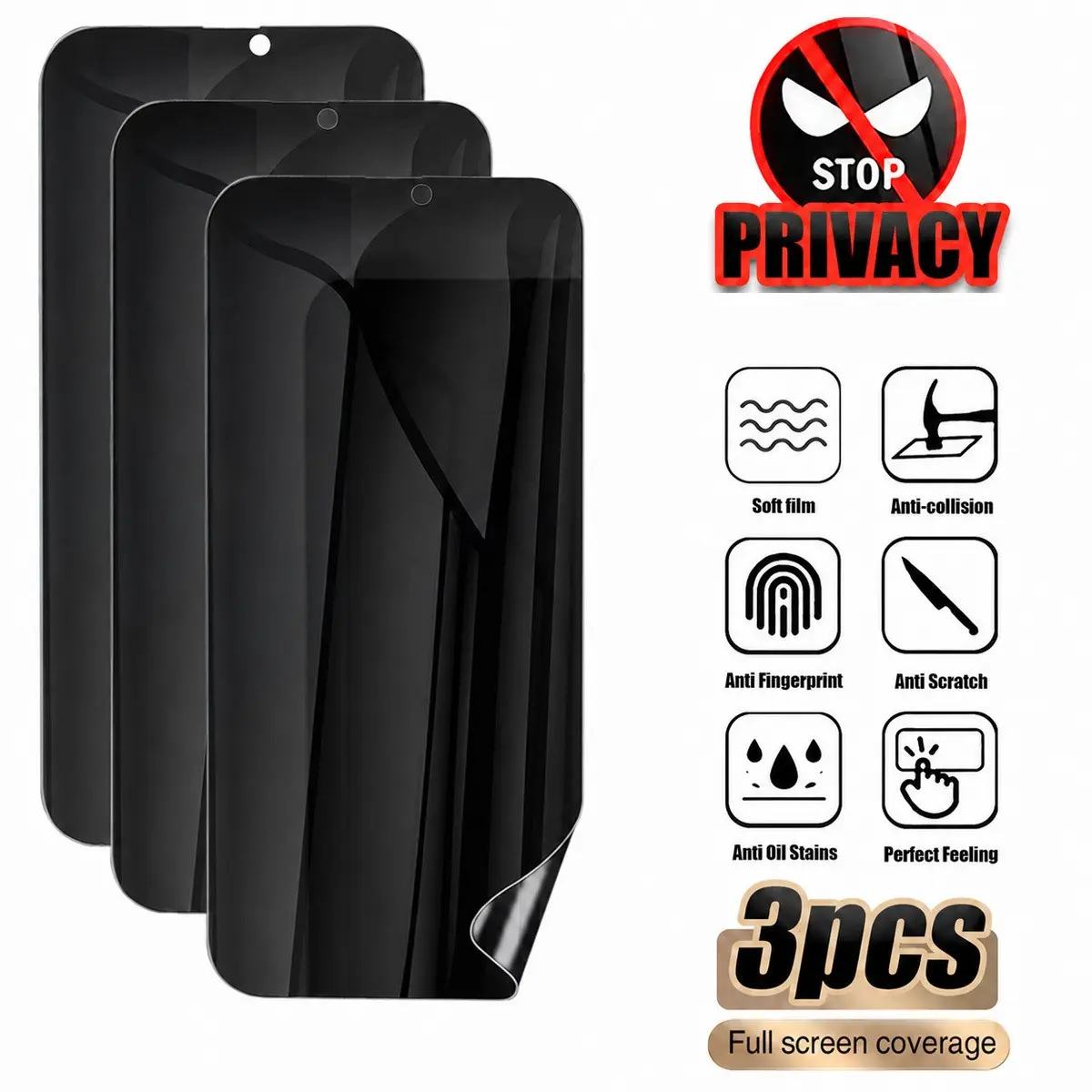 3-Pack Full Screen Anti Spy Privacy Screen Protector, Auto-Healing, Anti-Scratch, Fingerprints, Oil, Edge-To-Edge, Shockproof, Curved, Universal