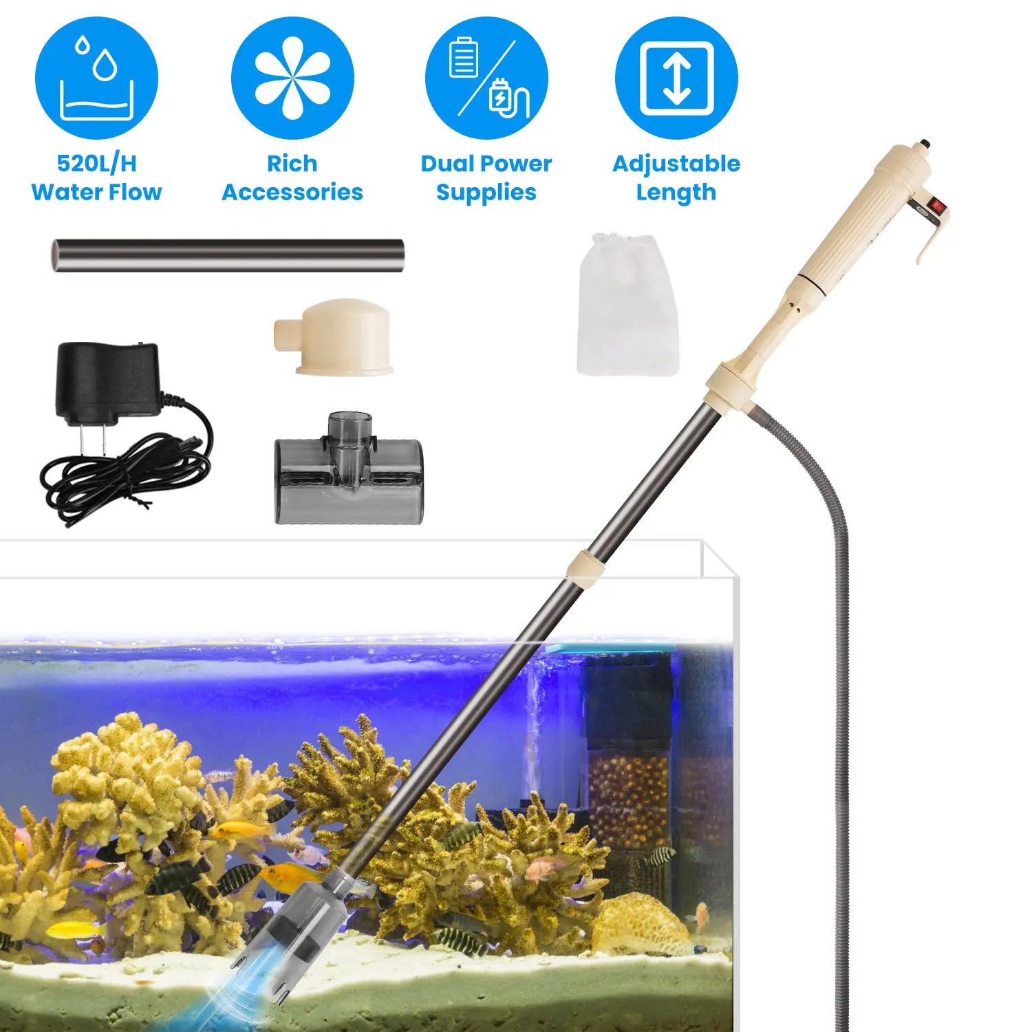 1 Set Multifunctional Electric Aquarium Gravel Cleaner Kit - Adjustable Length, Automatic Suction, Long Handle, Plastic Body, Fish Tank Vacuum for Water Changing, Sand Washing, Dirt Filtration