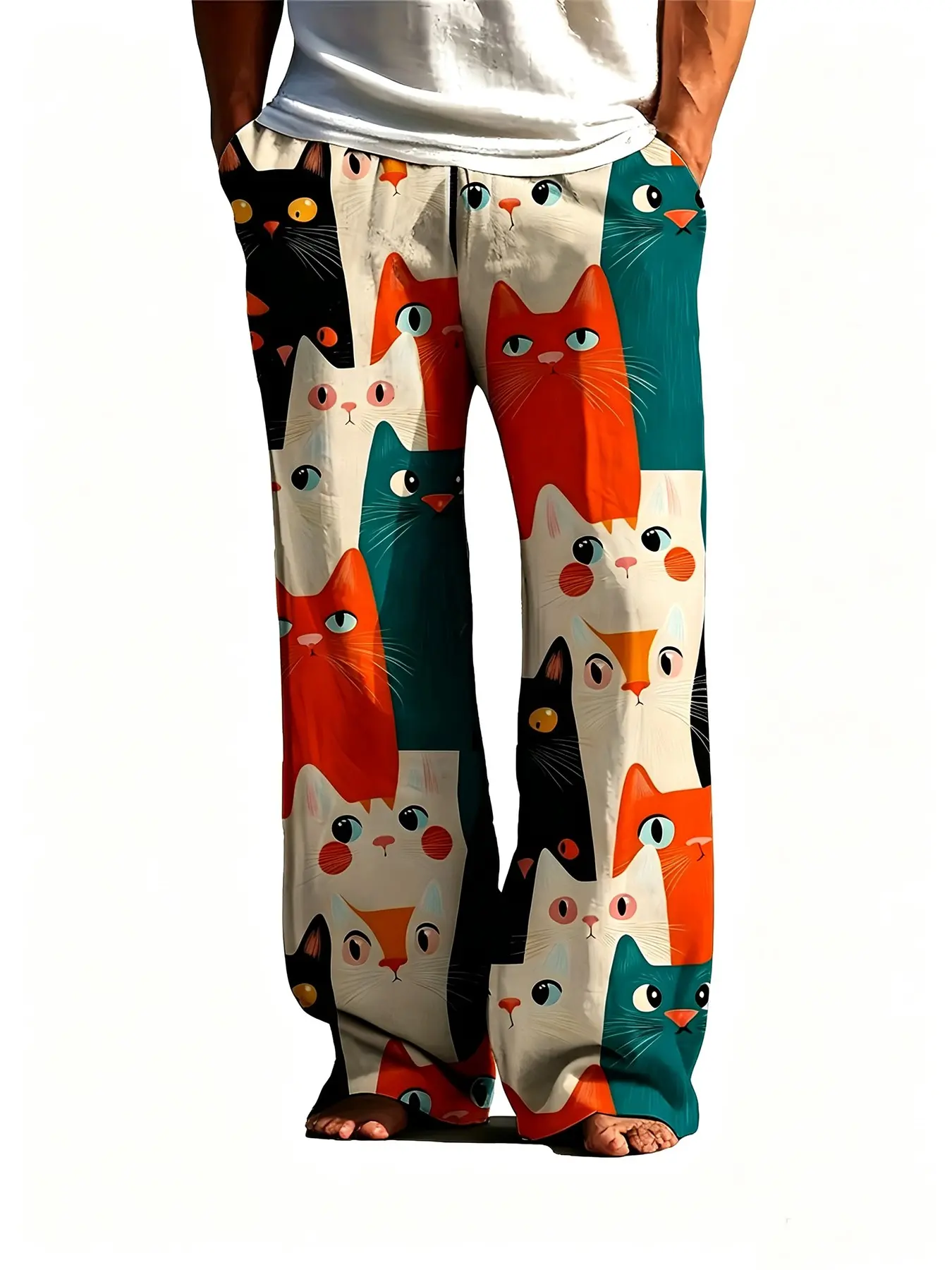 Vintage Cartoon Cat Head Full Print Unisex Pajama Pants Elastic Waist Loose Casual Home Sleep Trousers Breathable Daily Loungewear