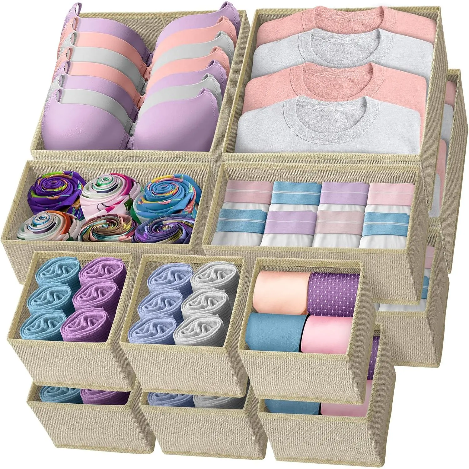 Drawer Organizers Clothes 14 Pack | Foldable Dresser Drawer Organizer | Beige Dresser Drawer Organizers | Fabric Drawer Dividers, Foldable Closet Storage Bins, Socks, Underwear, Ties, Bras,