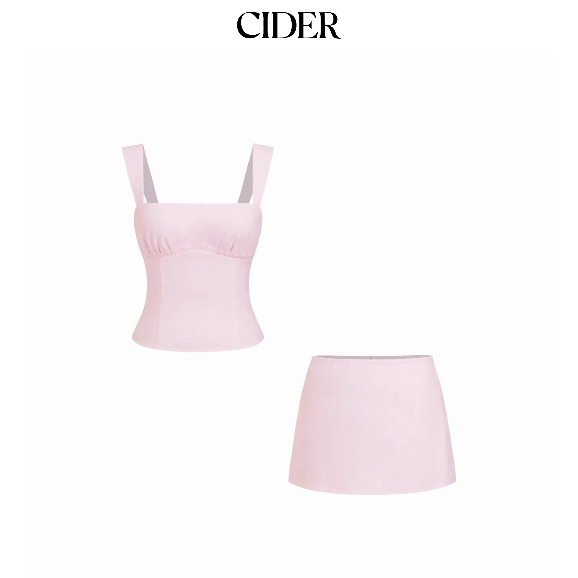 Cider Cotton Textured Square Neck Bowknot Top & Mid Rise Mini Skirt Set