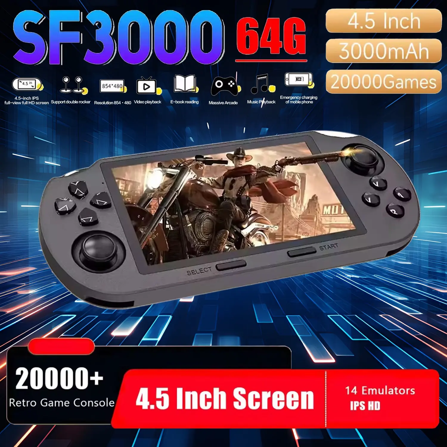 Sf3000 Gaming Handheld Retro Game Console 64GB, 20,000+ Games, Dual Core Processor, 4.5 Inch HD Screen, TV Output, 3D Joysticks, Holiday Gift