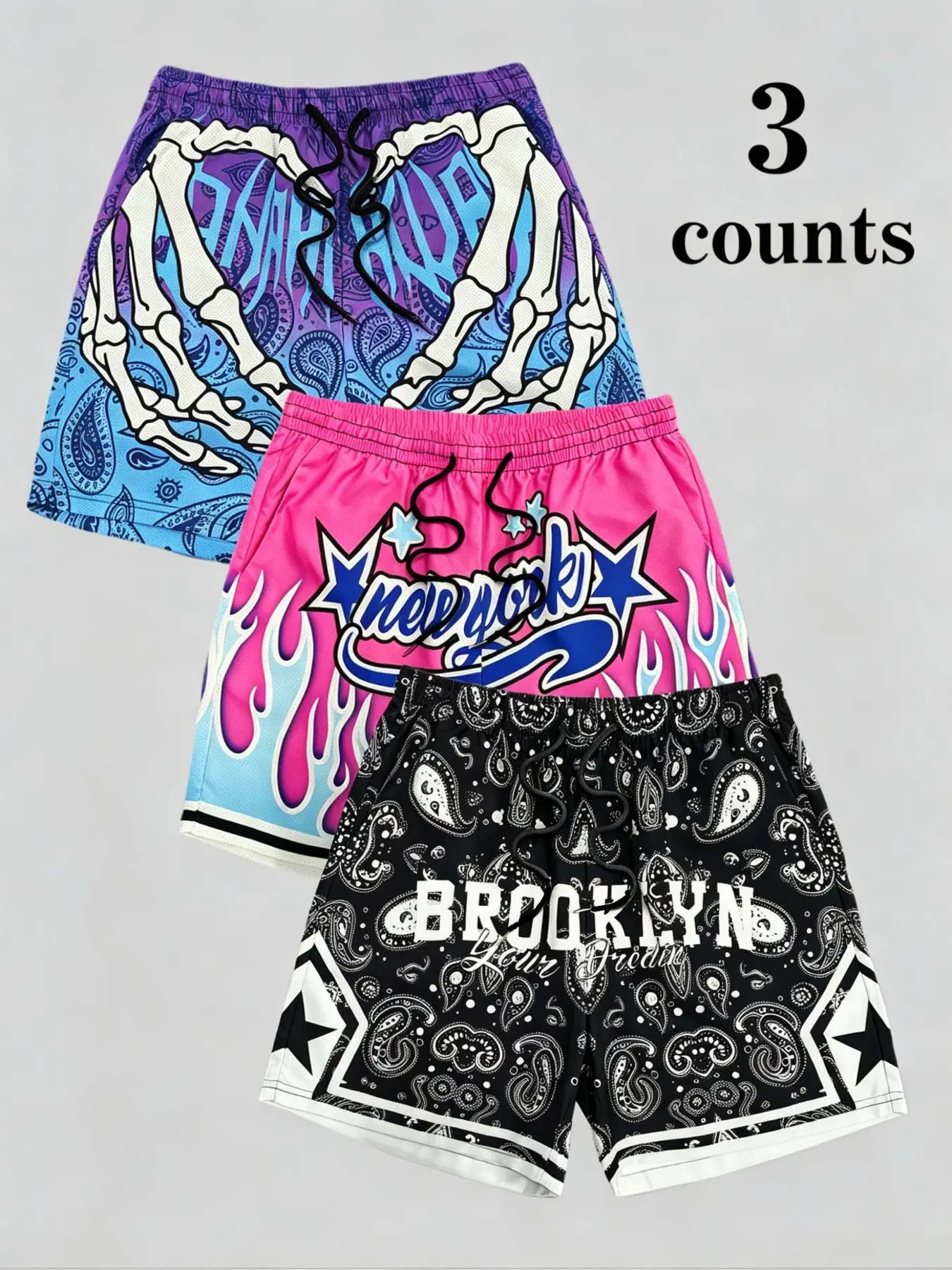 3 Pack Men's Printed Casual Basketball Shorts, Casual Graphic Shorts, Skeleton Heart Paisley Bandana Patterns, Drawstring Elastic Waist Loose Fit, Quick Dry Breathable Fabric, Side Pocket Design, Summer Street Athletic Daily