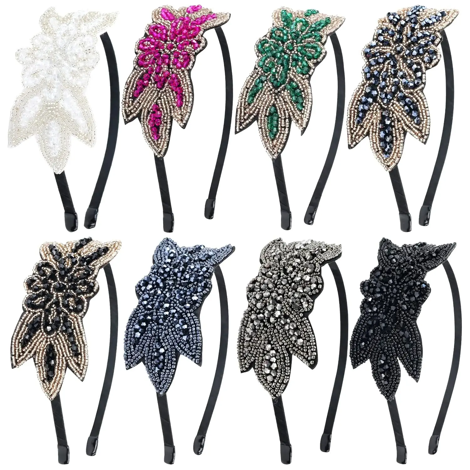 8 Pack Multi Color 1920s Hair Accessories Beaded Flower Headbands Rhinestone Elastic Hair Hoops for Women Girls
