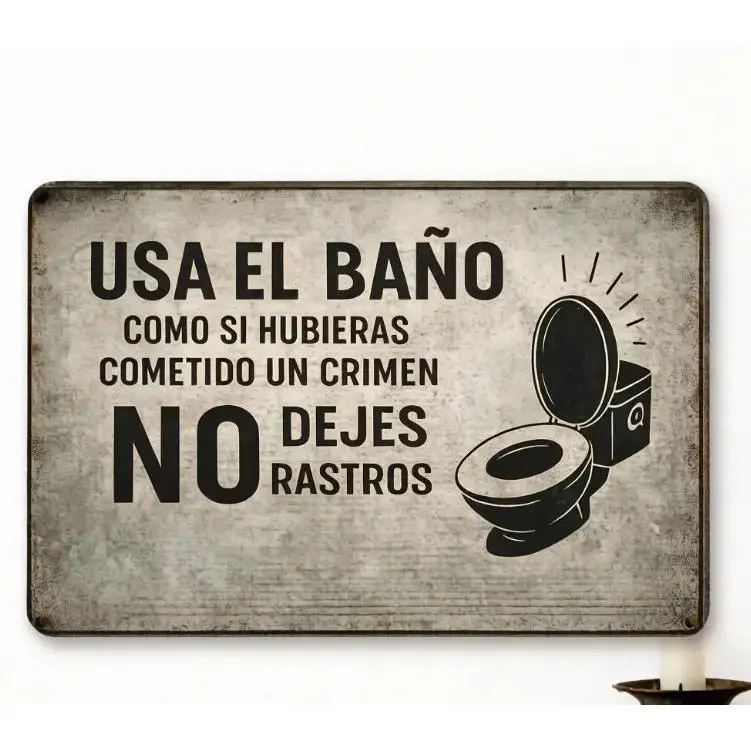 2D Flat 1pc Spanish Slogan Vintage Sign 7.87x11.81inch |   Metal Decorative Painting, Printed with "USA EL BAÑO COMO SI HUBIERAS COMETIDO UN CRIMEN NO DEJES RASTROS" and a Toilet Image, Suitable for Bathroom, Restroom, and Other Space