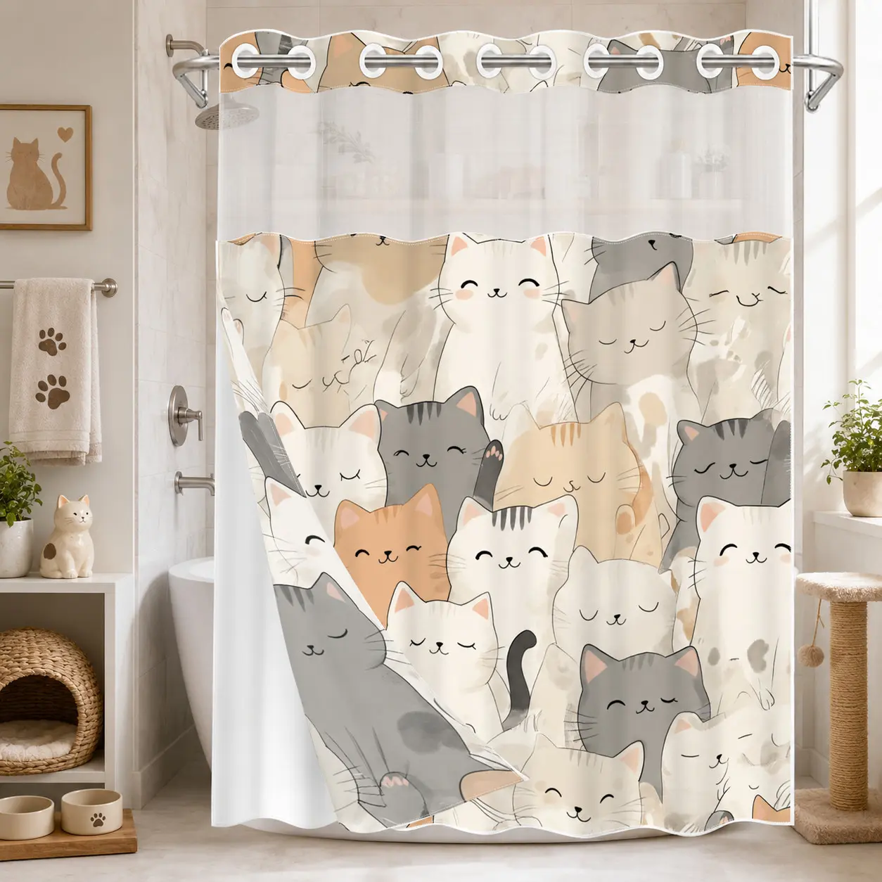 1pc hookless bathroom shower curtain no hooks with buckle lining, multi-colored densely arranged cat design, 2D flat printing, waterproof fabric lining, see-through double-layer shower curtain and liner, 71 x 74 inches, modern home draping curtain