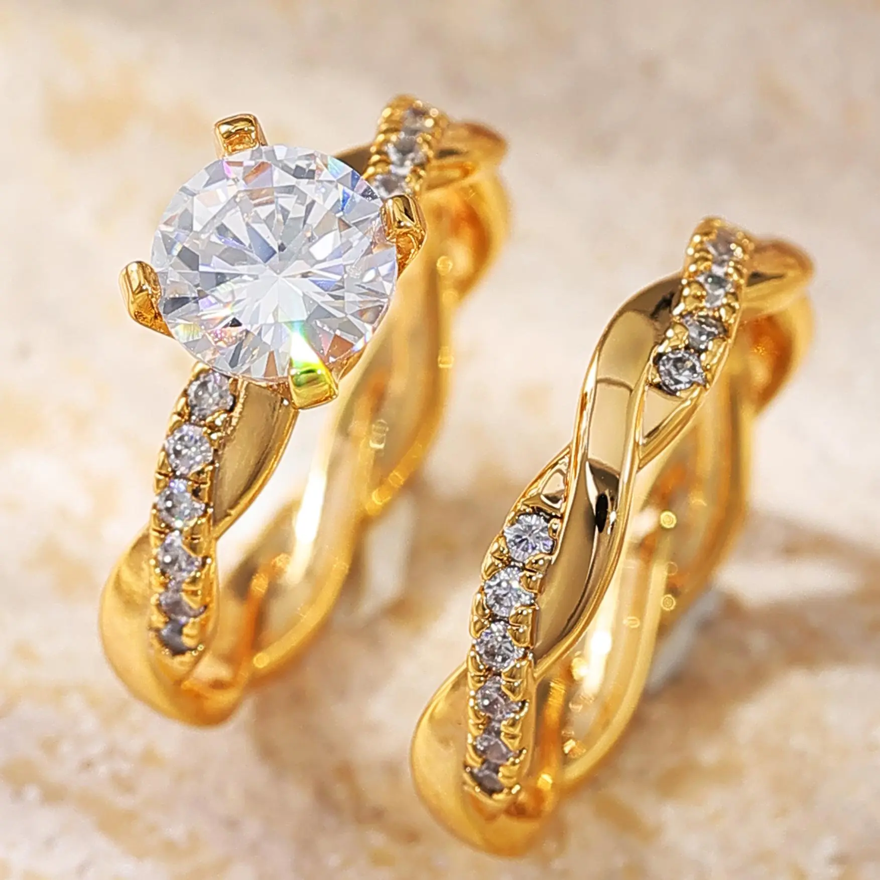 Twisted Band Wedding Ring Sets for Couples, Elegant 4-Prong Solitaire Promise Ring, Husband and Wife Gifts