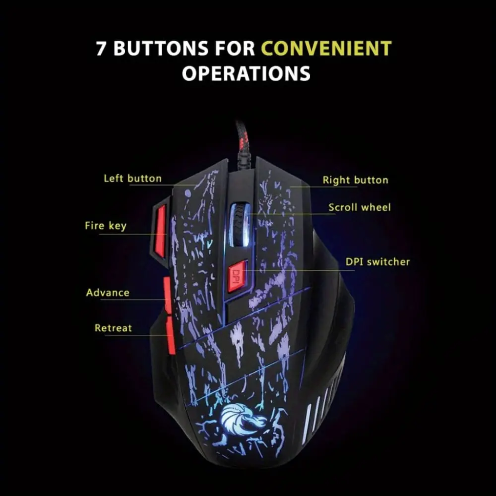 Ambidextrous Wired Gaming Mouse - Ergonomic Plastic Optical Mouse with 6-Level Adjustable 5500 DPI, Color Changing RGB Lights, 7 Buttons, USB Charging for Personal Computers & Laptops (Modern Gaming Mice Category)