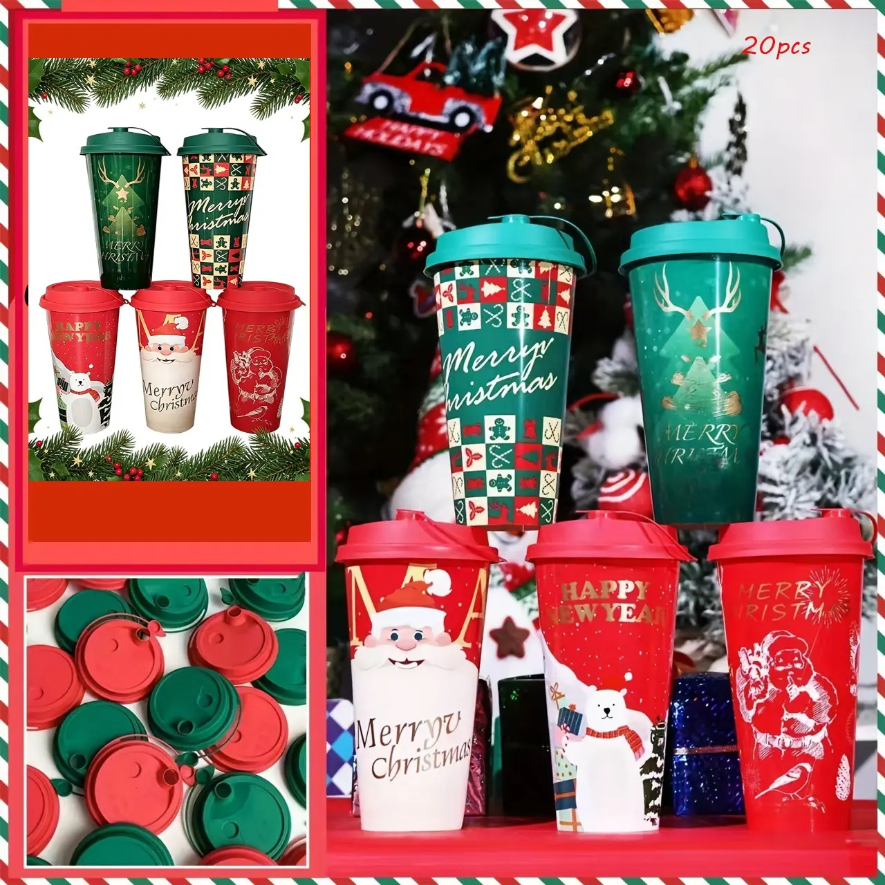 20pcs Christmas Cups with Lids, Reusable PP Plastic Santa Tree Design, 520ML Capacity, Portable and Lightweight, Perfect for Holiday Parties