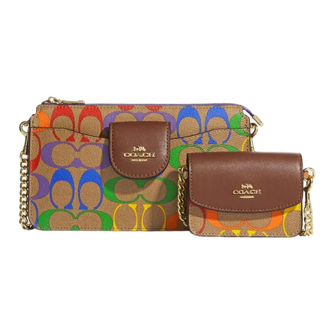 Coach Poppy 21 Double Bag Set for Women – Printed Coated Canvas and Smooth Leather Crossbody in Brown Rainbow