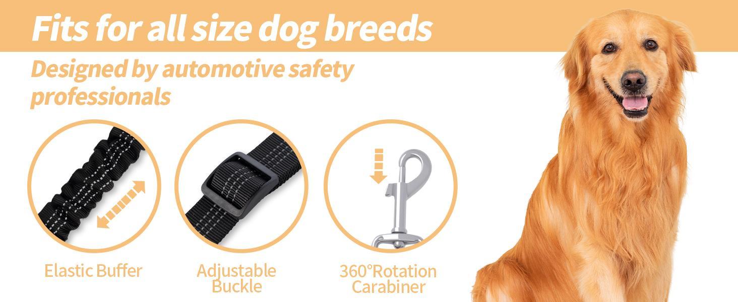 Dog Car Seat Belt – Adjustable Safety Harness with Elastic Cushioning, Anti-Tangle Design, Reinforced Metal Buckle, for Small and Medium Pets (Black)