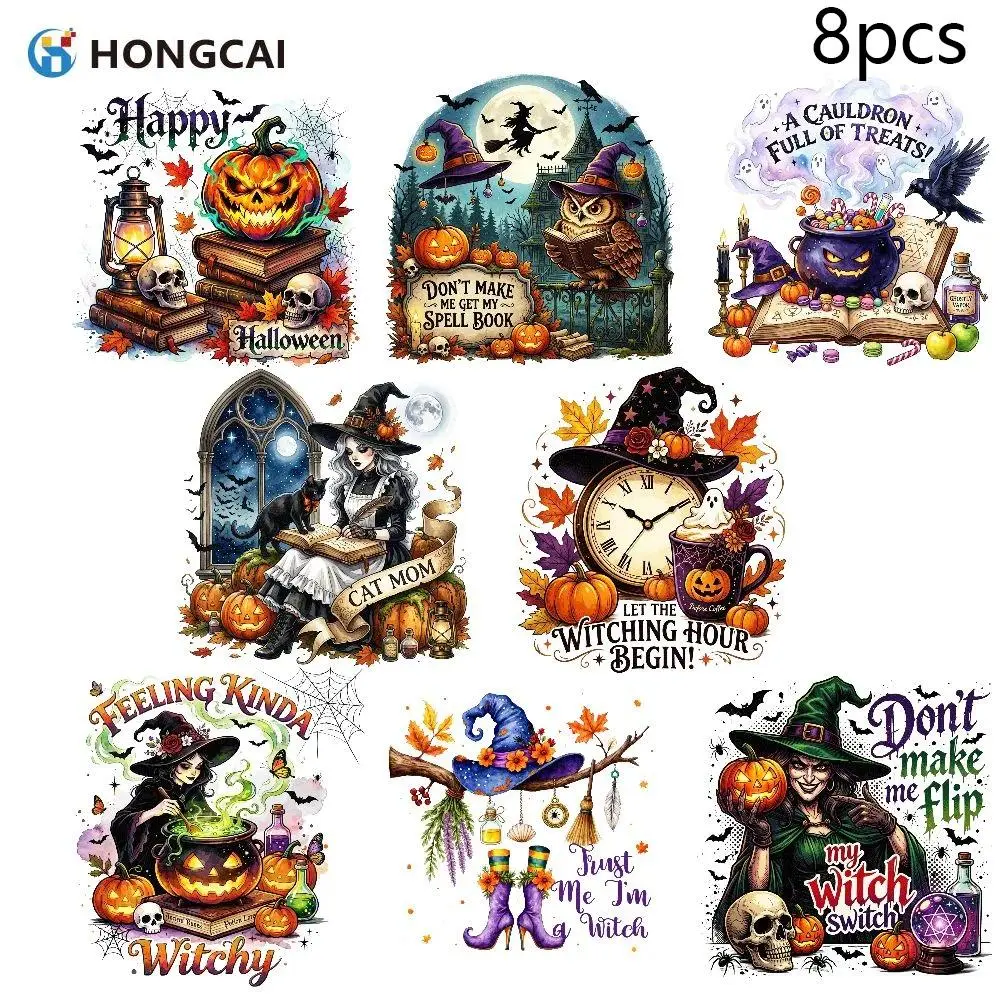 8Pcs Aesthetic Dark Style Halloween Heat Transfer Film, Forest Witch and Spooky Castle Iron On Patches for Workwear Apparel Long Sleeve T-shirts Fashion Embellishment, Stable Colors Washable 7. Mixed Elements Pumpkin Light Black Cat and Ghost Pack