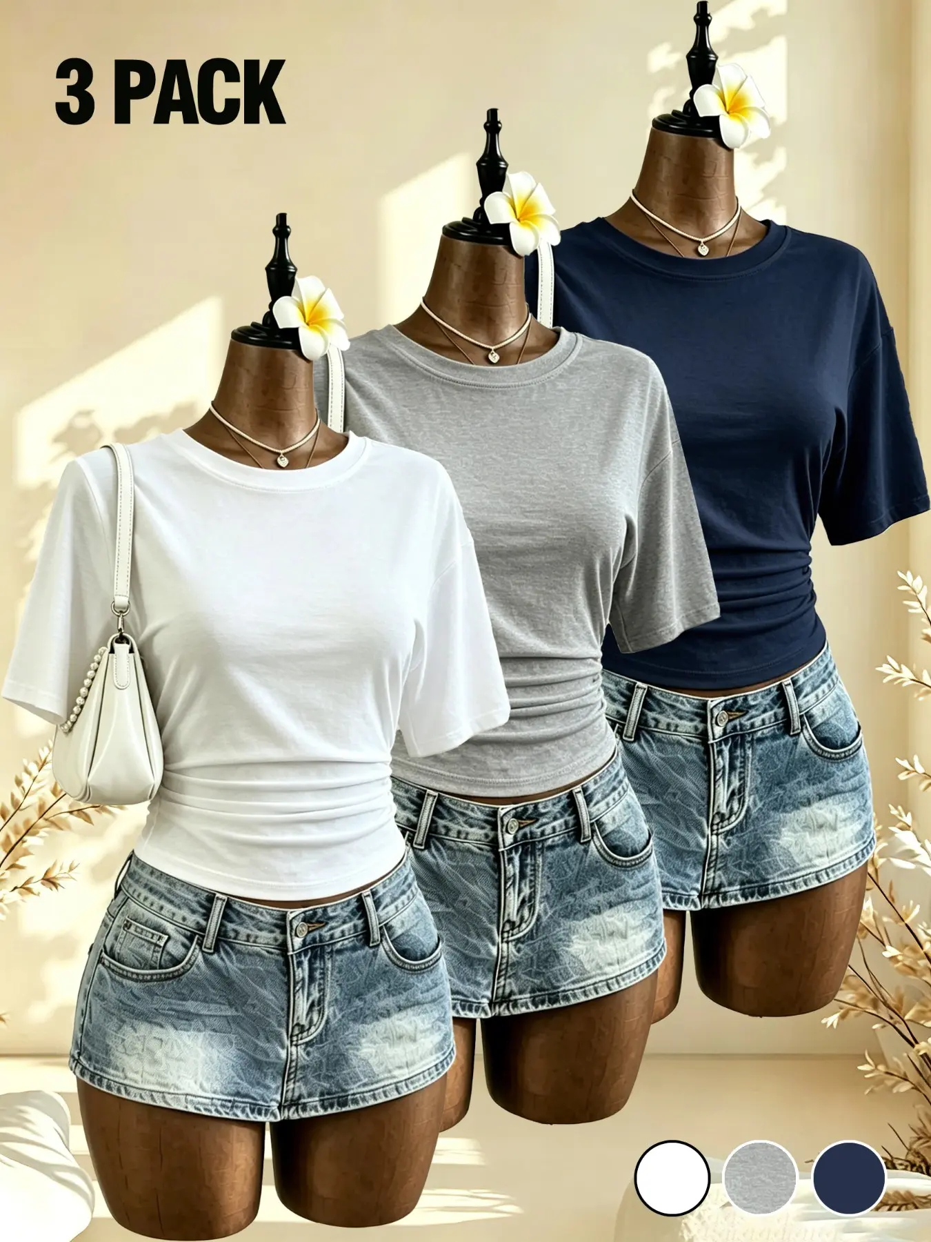 Women's 3-Pack Pleated Waist Short T-Shirt, Y2K Trendy Comfortable Breathable Summer Top, Slim-Fitting Casual Wear for Daily Outing