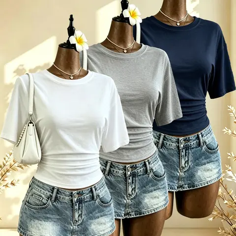 Women's 3-Pack Ruched Waist Cropped T-Shirt, Y2K Trendy Comfortable Breathable Fabric Basic Summer Top, Slim Fit Casual Wear For Daily Outing