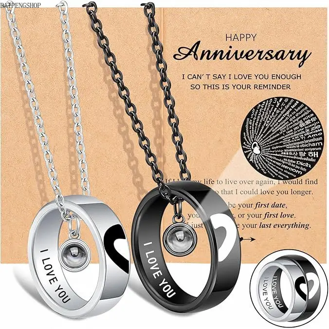 Couple's Projection Pendant Necklace Set, Titanium Steel Round Pendants with "Love You Forever" Engraving, Romantic Ring Style Matching Jewelry Gift, Romantic Gifts For Her, Anniversary Gift