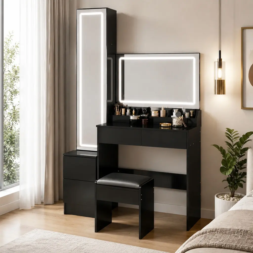 Modern LED Vanity Dresser Set - Extra Large Makeup Vanity Desk with Full Body Mirror Cabinet, Cushioned Stool, Touch Control 3-Color Dimmable Lighting, Multi-Layer Storage, Black MDF, 63" H x 43.3" D x 15.7" W
