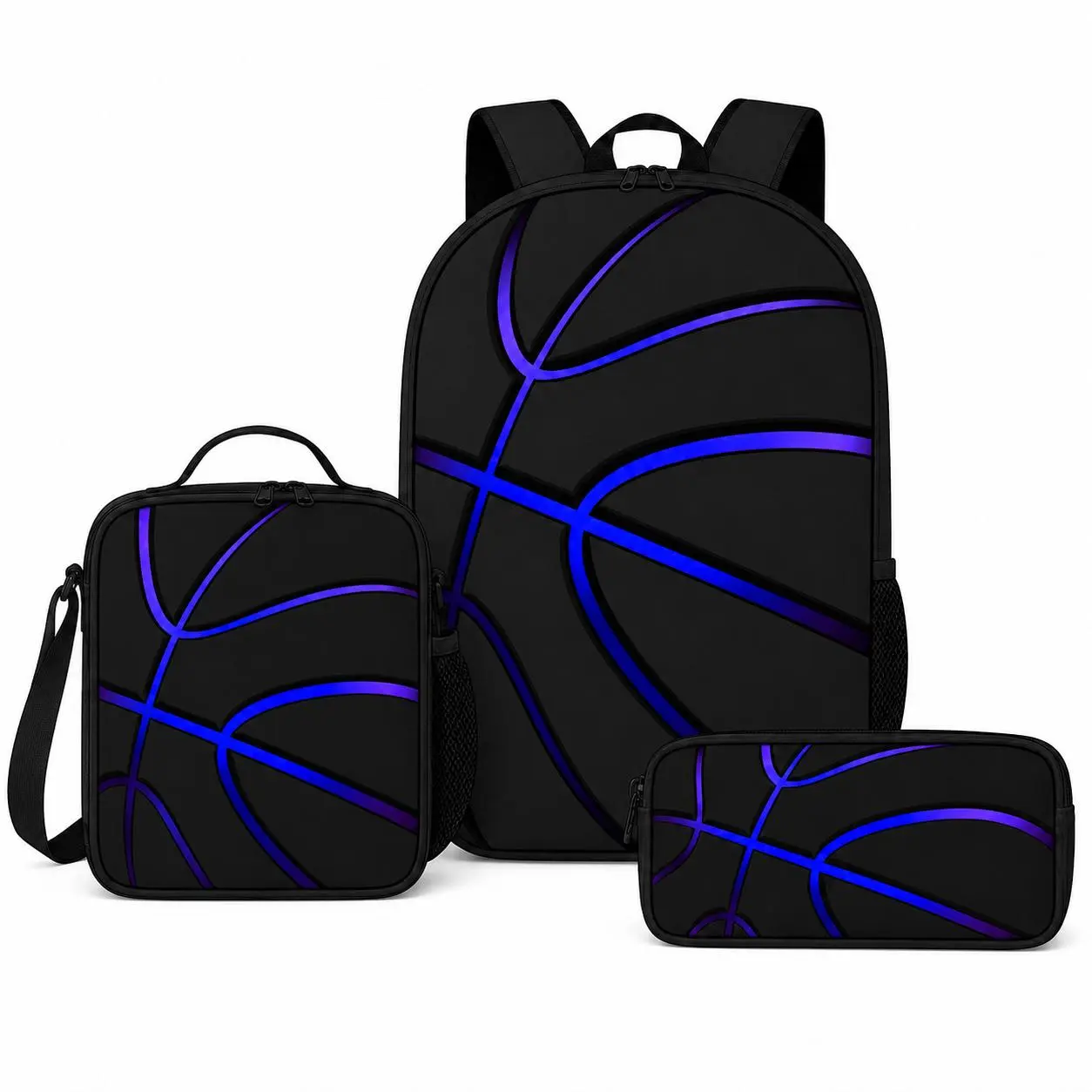 Blue Basketball Pattern 3-Piece Sports Backpack Combo - Includes Backpack, Lunch Bag, Pencil Case (Sports & Outdoor Gym Accessory)