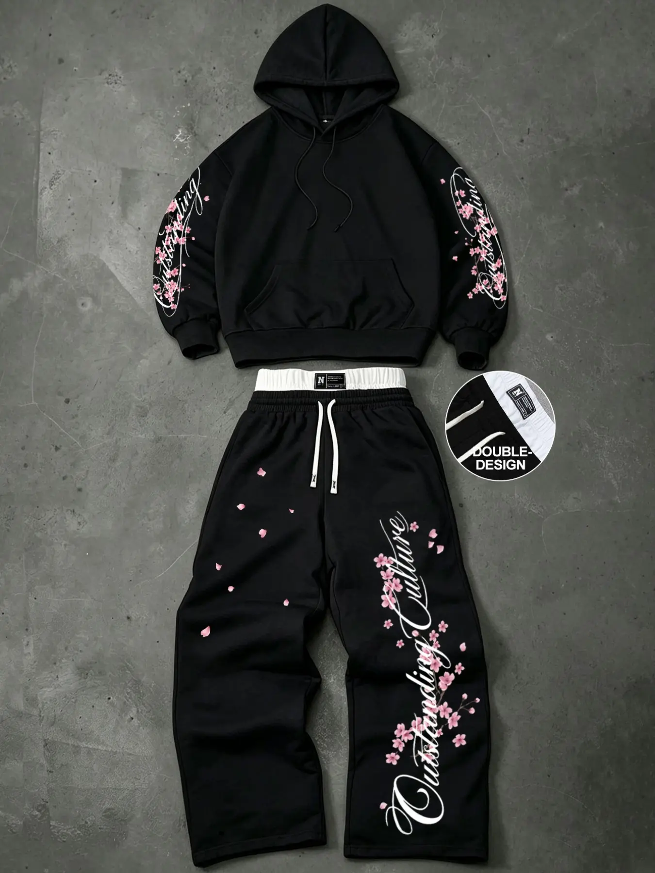 Japanese Streetwear Cherry Blossom Graphic Hoodie and Baggy Sweatpants Set | Unisex Y2K Retro Double Waistband Heavyweight Tracksuit for Casual Daily OOTD