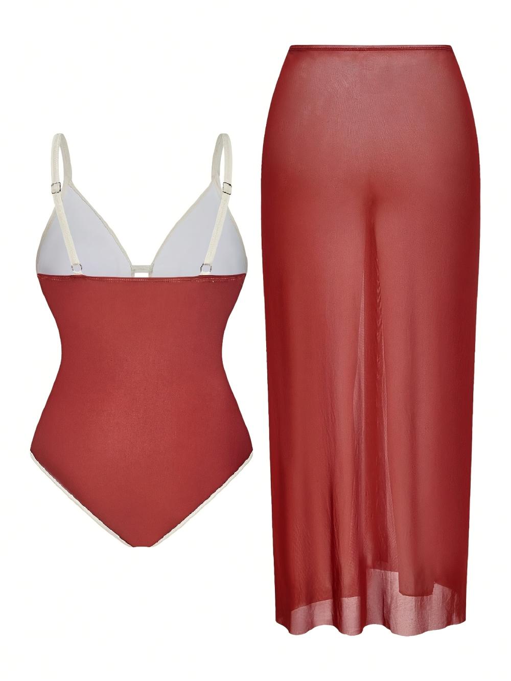Rust Red One Piece Swimsuit with Sheer Maxi Skirt 2 Piece Set, V Neck Tummy Control Bathing Suit for Women