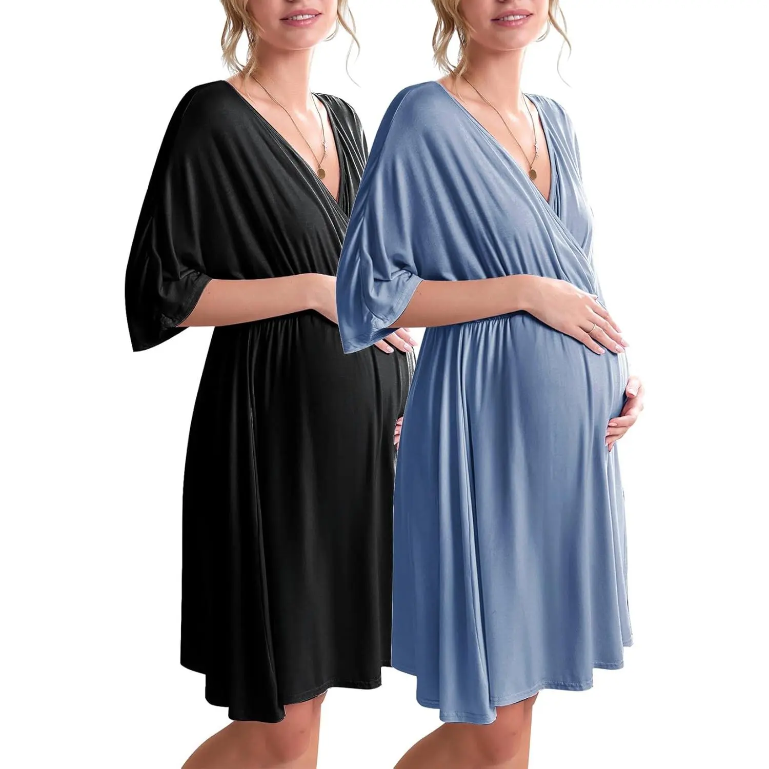 Women's Multi-Purpose 3-in-1 Labor-Delivery-Hospital Gown 2-Pack, Maternity Nursing Wear with Denim Jumpsuit Top & Jean Yoga Bottom for Summer Prenatal Use