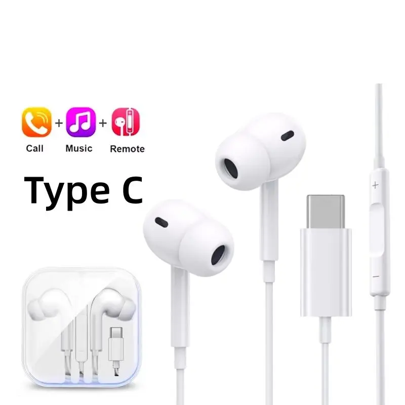 Original Wired Earphones For Apple iPhone 17 Pro Max16 15 14 13 12 11 Mini USB C Headphones Type C With Microphone Stereo Earbud Smart Voice Assistant Headset ENC Secure Anti-Slip AirPods Case
