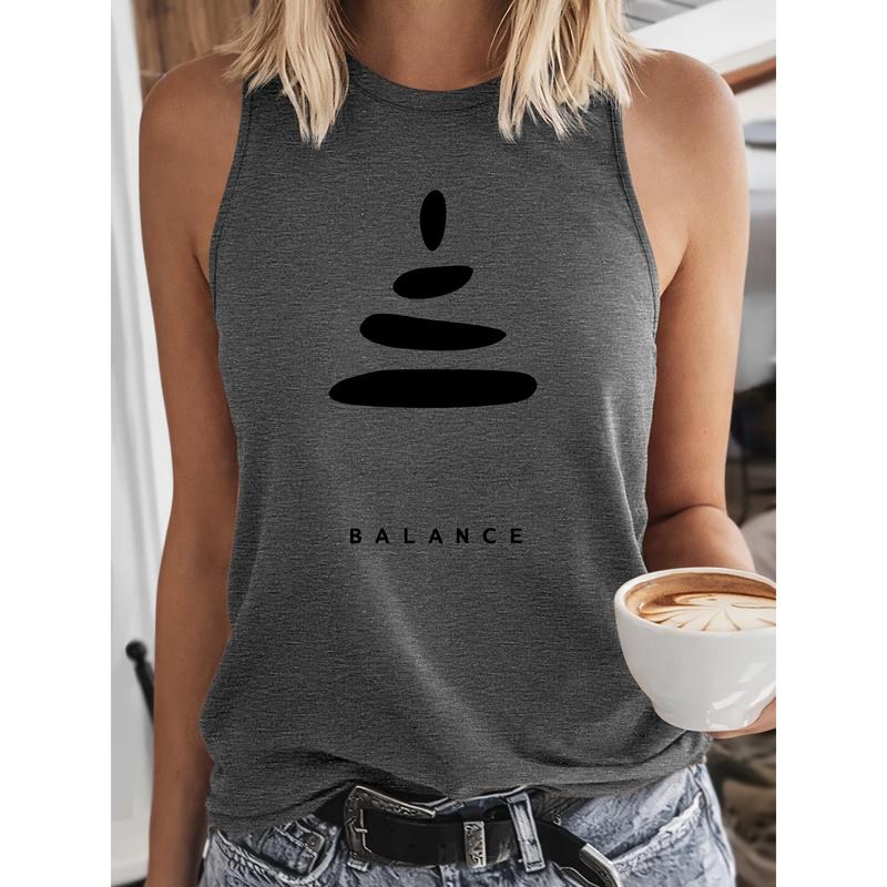 Women's Retro Yoga Theme Balance Stone Pile BALANCE Print Sleeveless Tank Top - S-XXL, S-Cute, Sexy, Sweet, Minimalist, American Casual, Comfortable Breathable Round Neck, Spring Summer Daily Wear