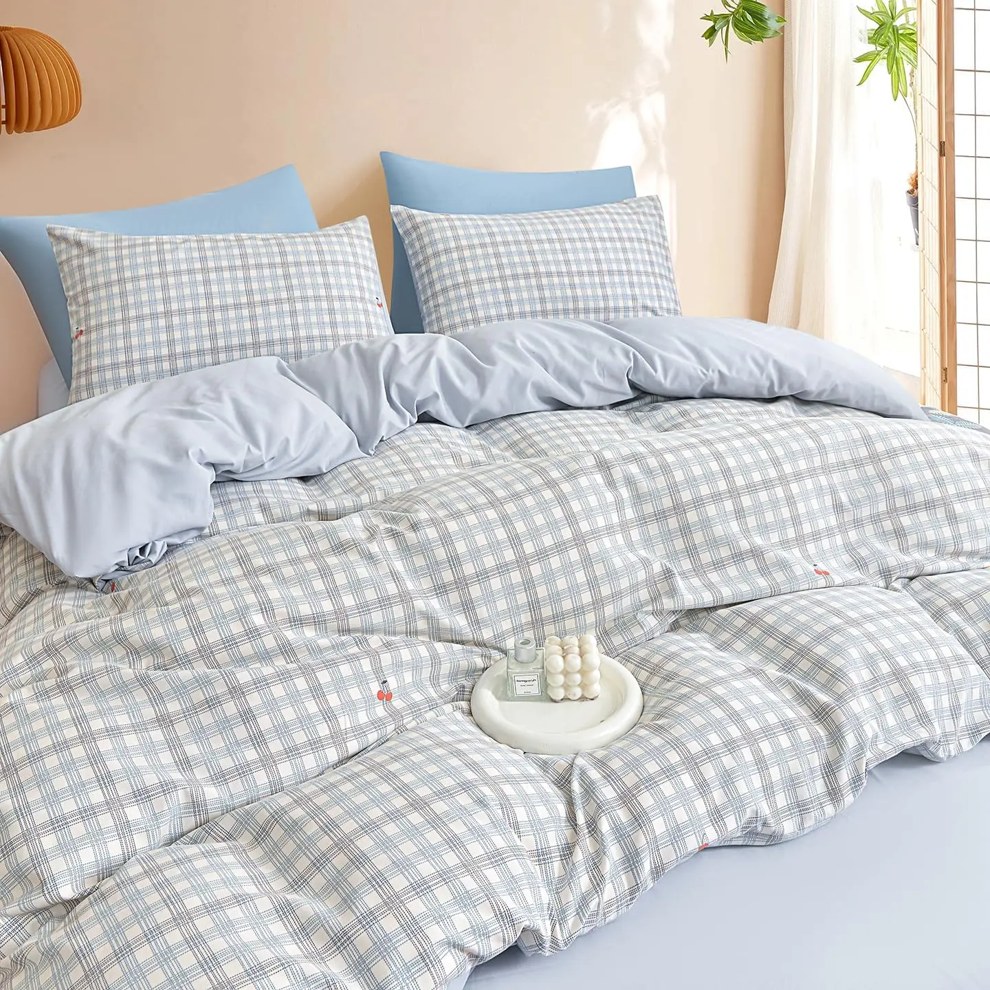 3 Piece Gingham Duvet Cover Set, Soft Microfiber Bedding Set with Cherry Pattern,Blue Minimalist Bed Set for Queen Size Bed, Breathable and Wrinkle Resistant Duvet Cover with 2 Pillow Shams