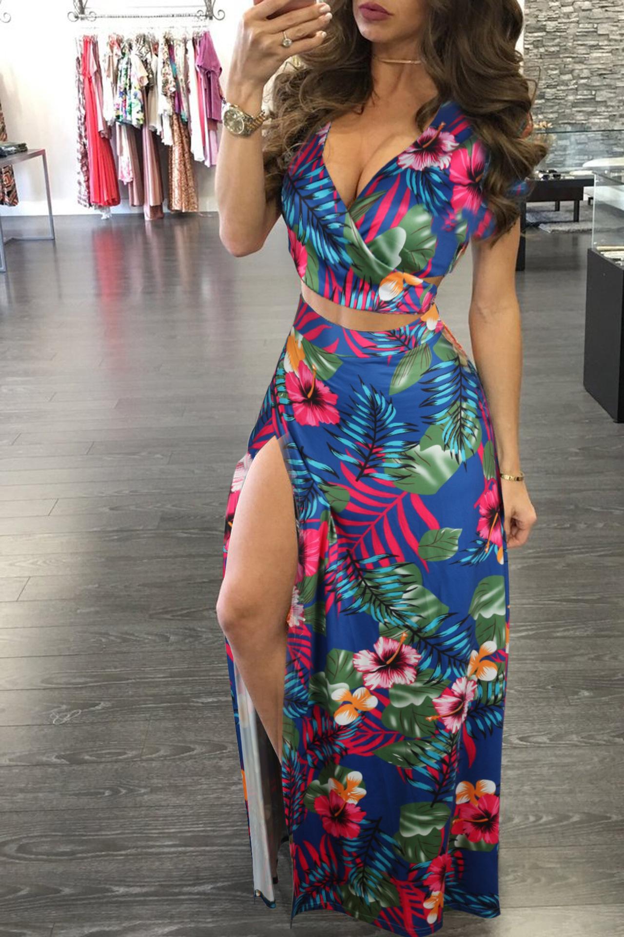 Women Floral Two Piece Maxi Dress Set Summer Vacation Outfits High Slit Long Skirt and V Neck Crop Top Sexy Beachwear Matching Set