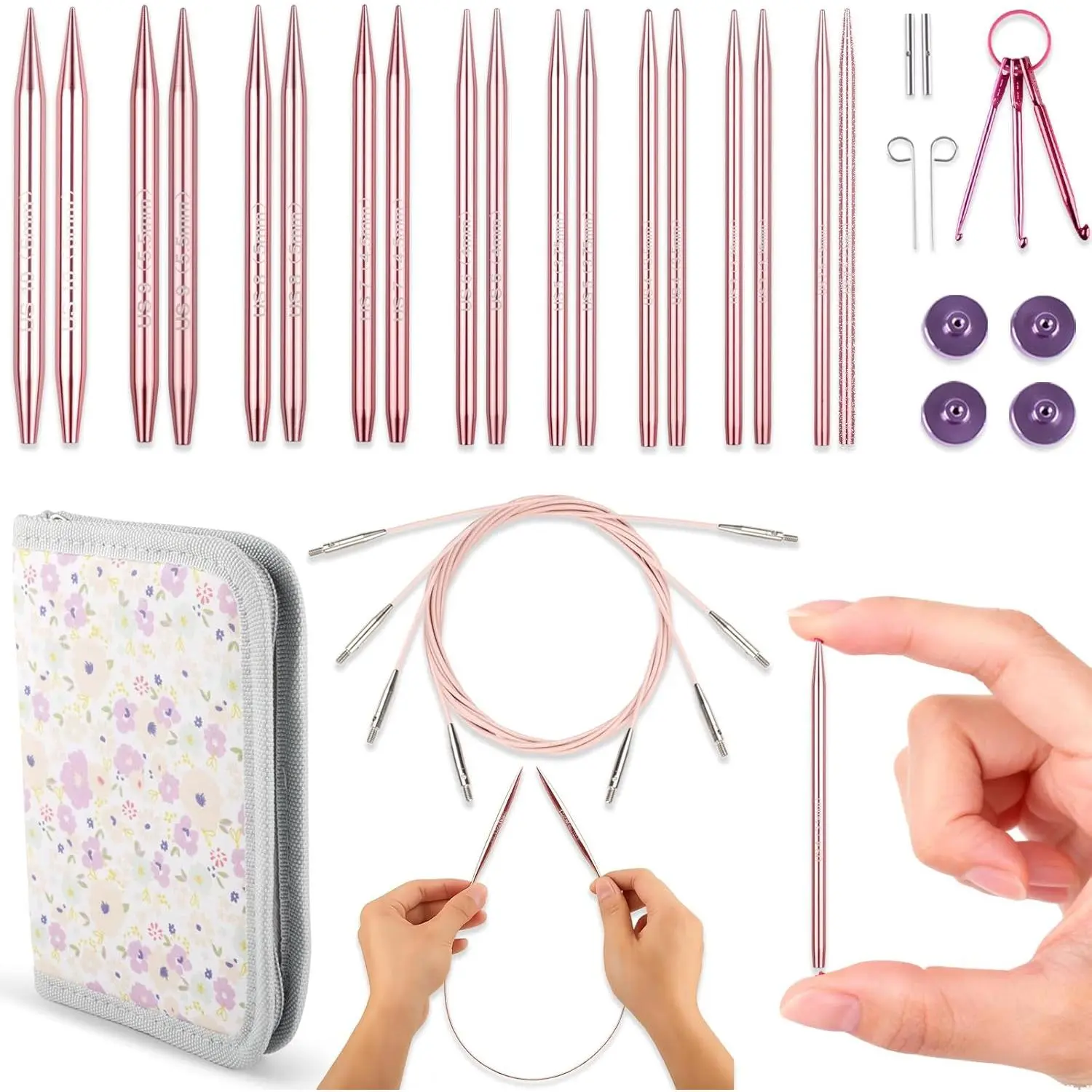 3in Interchangeable Circular Knitting  Set, Short Interchangeable Knitting  with 4  Cables, Accessories and Case, 9 Pairs,