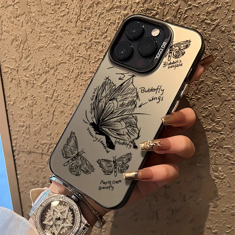 Sketch Butterfly Manuscript Hand Drawn Mirror Phone Case Compatible with iPhone X XS XS Max 11 12 13 14 15 16 17 Pro Max Plus SE4, Dark Gray Silver Reflective Back Shockproof Soft TPU Cover Minimal Art Sketch Anti Fingerprint Drop Resistant Cell Shell for