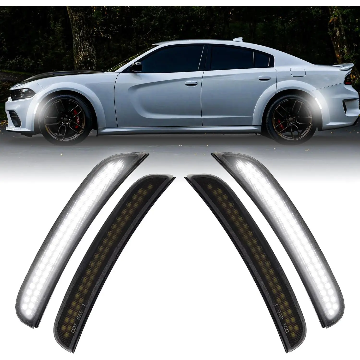 Side Marker Lights for Charger 2015-2023, Front & Rear Fender Light for Charger SXT, for Scatpack, for SRT Hellcat, LED White Parking Light, Bumper Marker Lamps, Smoked Len, 4PCS