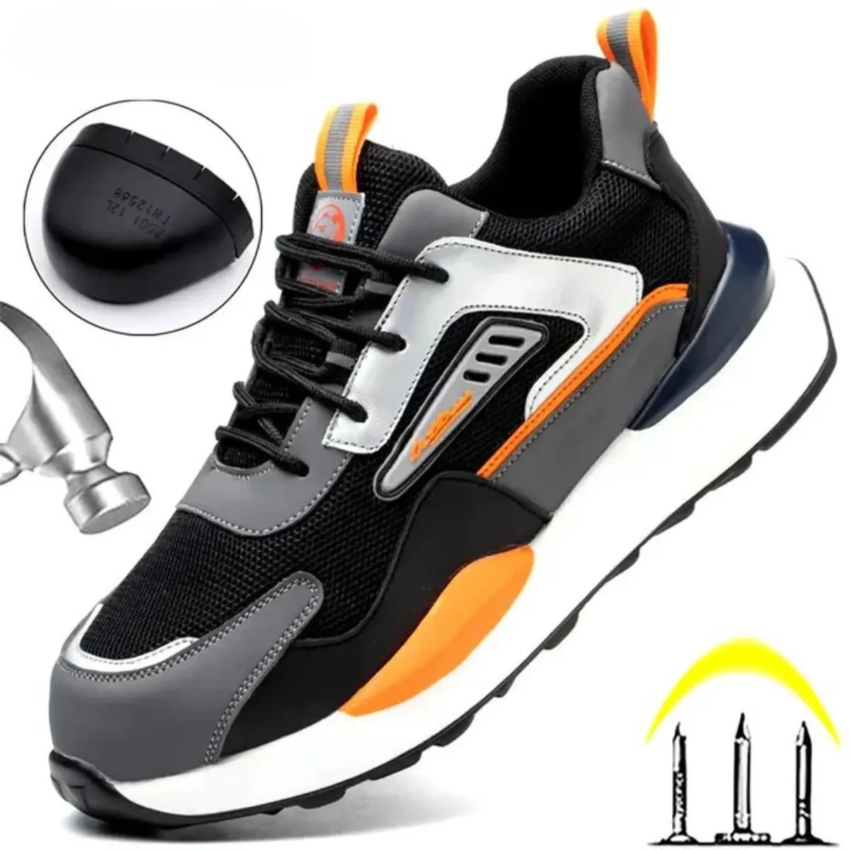 Men's Minimalist Mesh Polyester Steel Toe Cap Work Shoes - Lace-Up, Color-Block, Breathable, Lightweight, Anti-Slip, Anti-Puncture Work Wear Safety Footwear