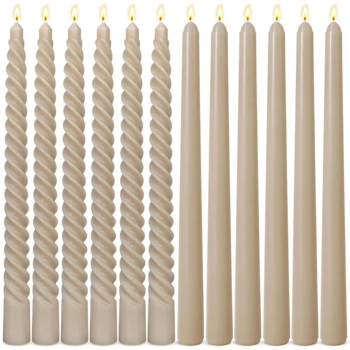 6 Pack Light-Mocha Taper Candles and 6 Pack Spiral Candles Set – 10 Inch Elegant Dripless Candlesticks for Weddings Dinners, Parties and Home Décor