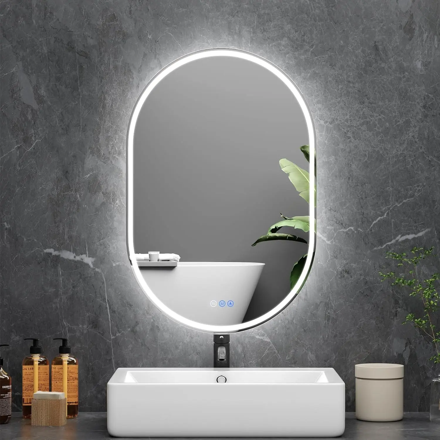 Oval LED Bathroom Mirror, 24"x 36" Frameless LED Mirror with Front Light and Backlit, Anti-Fog, Dimmable Modern Wall Mounted Lighted Mirror, Pill-Shaped Smart Mirror Bathroom