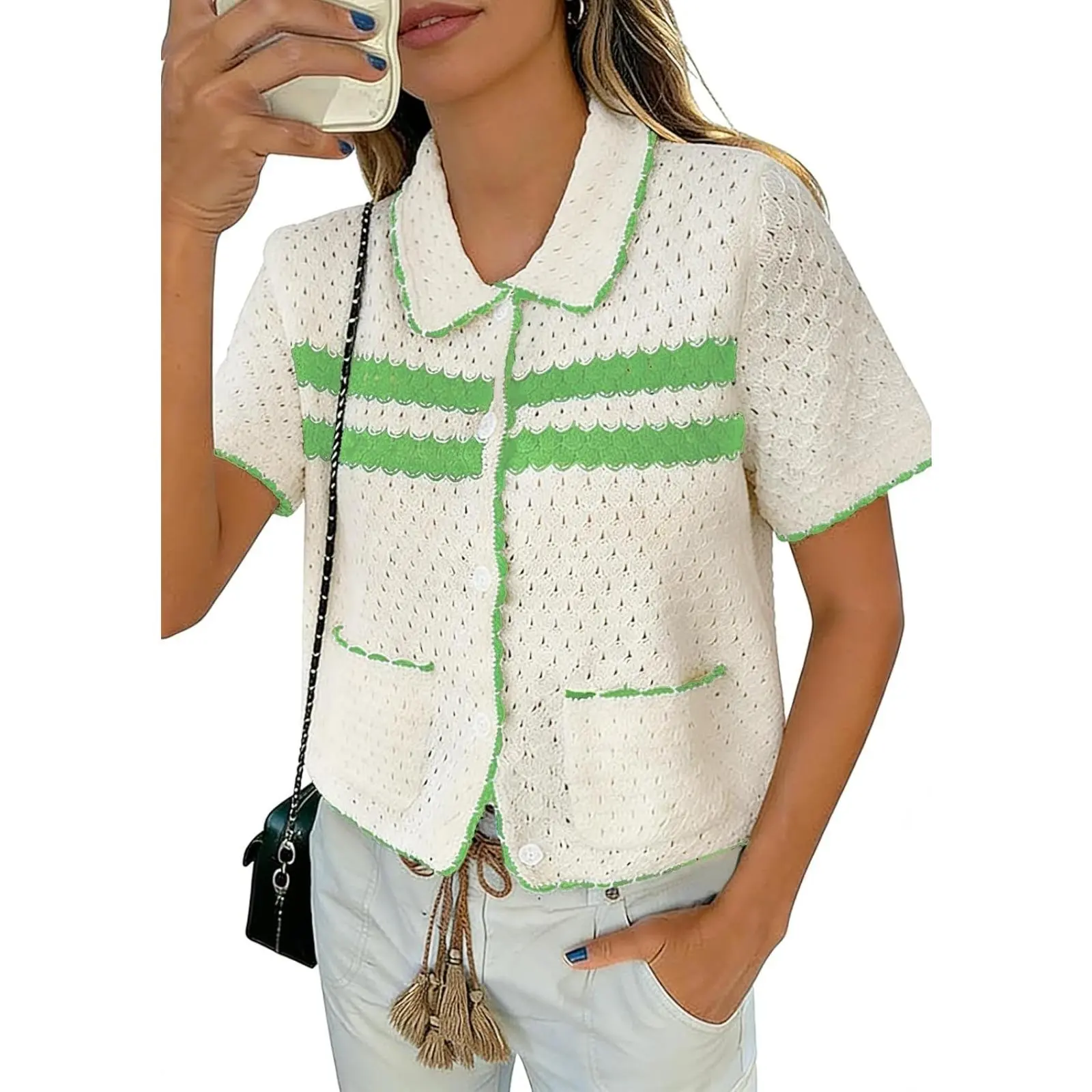 Yousify Womens Casual Summer Short Sleeve Sweaters Button Down Crochet Knit Tops 2026 Loose Cute Cardigan Sweater