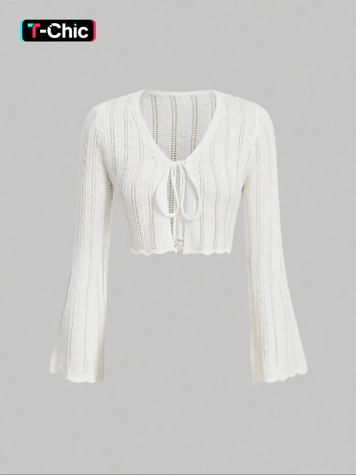 Women's Solid Color Tie Front Crop Sweater Cardigan, Casual Long Sleeve Cropped Knitting Knitwear for Spring & Fall, Fashion Women's Knit Clothing Womenswear for Daily Wear Tops
