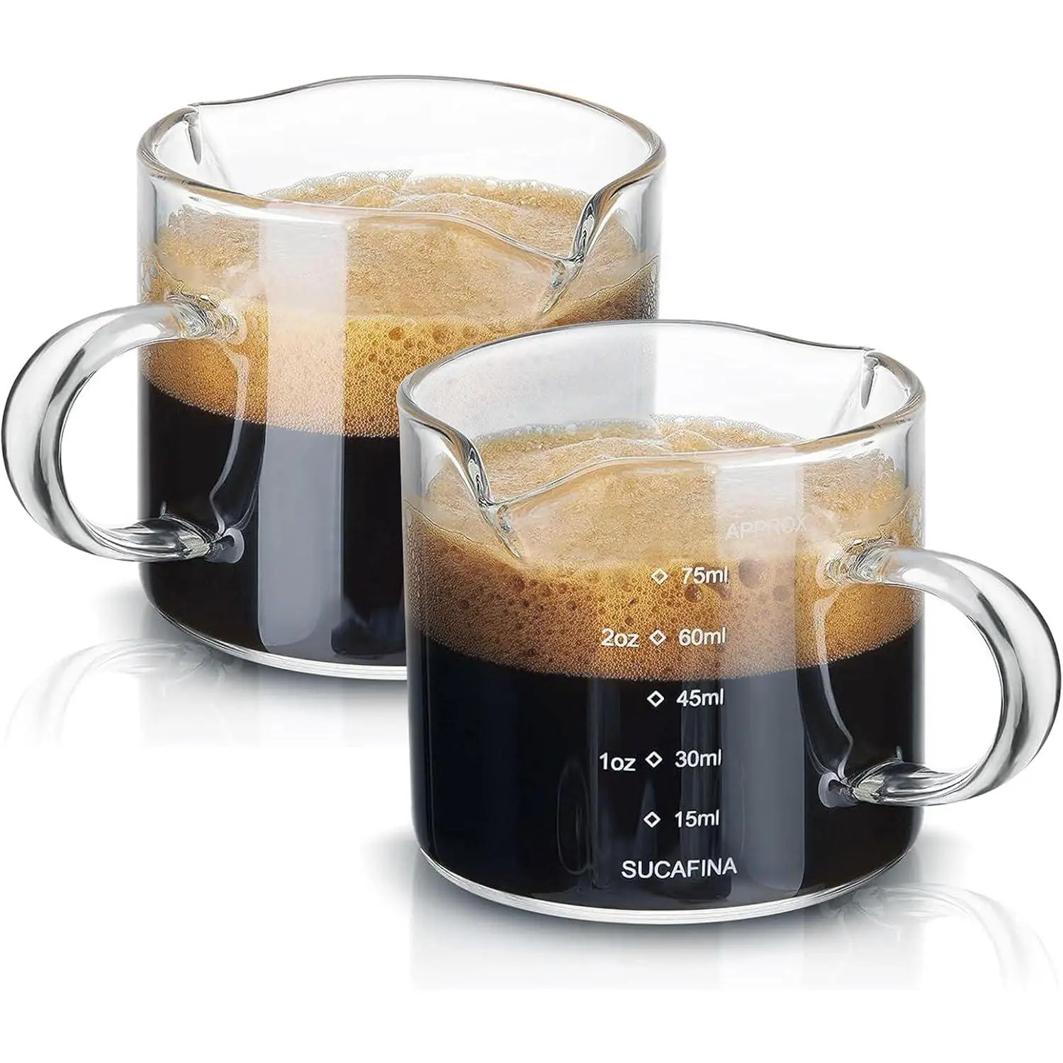 Espresso Cups Set of 2, 75ML Espresso Shot Glass with Handle Double Spout Cups Clear Glass Measuring Cup Coffee Accessories  for Making Coffee Desserts Salad Dressing