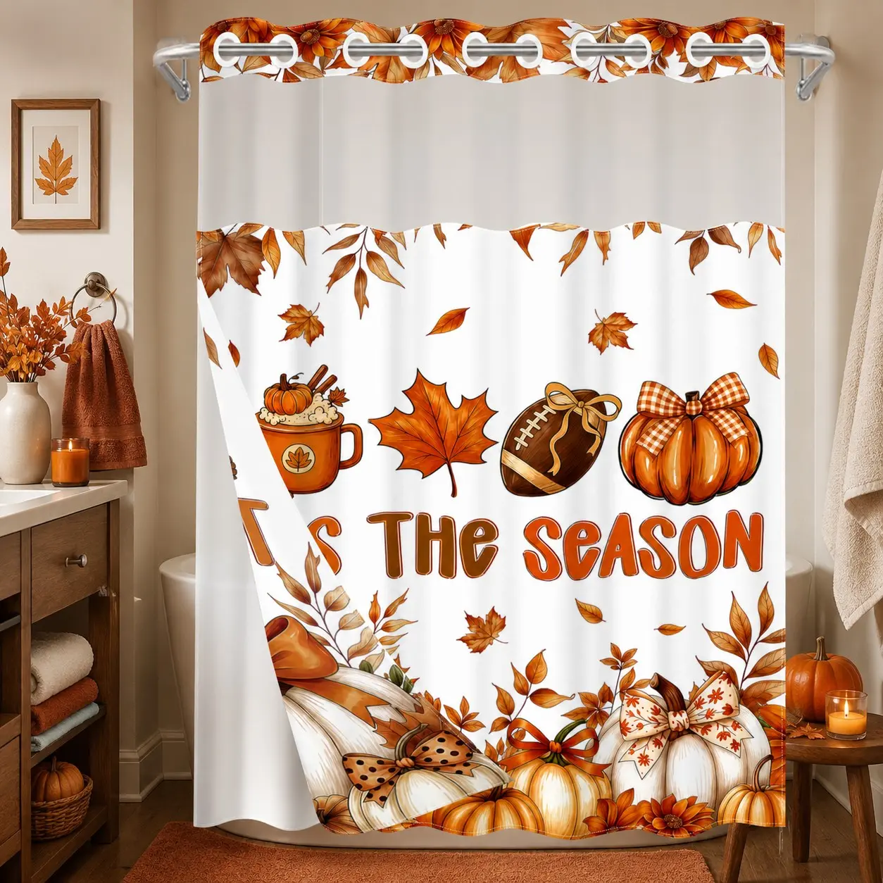 1PC 2D Flat Tis the Season, Pumpkin Spice Mug, Football, Bow, Pumpkin & Maple Leaf Autumn Pattern Double-Layer Woven Shower Curtain, No Hooks, Transparent Top Window, Removable Snap-On Liner, Farmhouse Bathroom Decor, Thanksgiving & Holiday Decoration