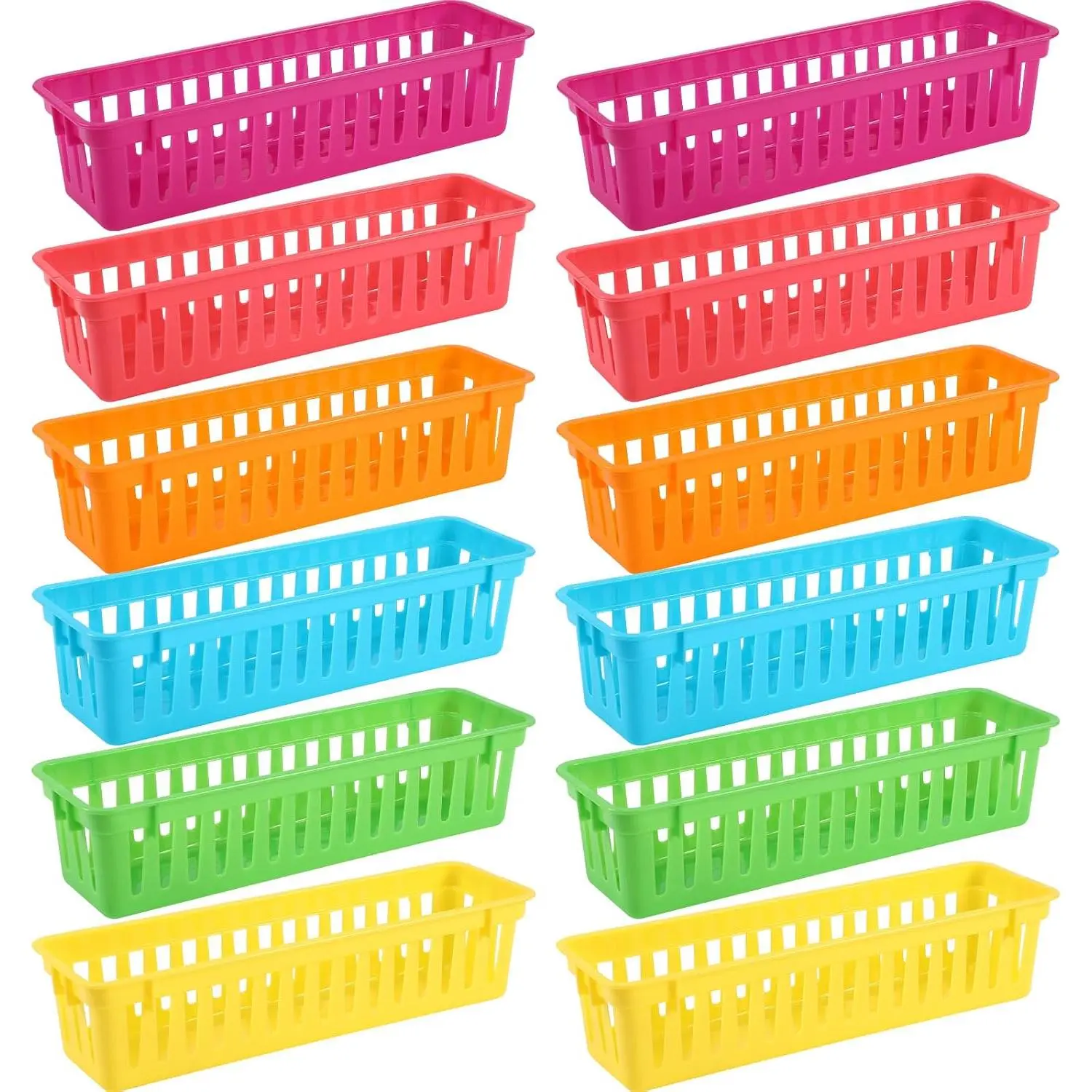 12 count Colorful Slim Plastic Storage Baskets Tray 10 x 3 x 2.5 Inch Compact Stackable Desk Organizer for Office, Classroom, School Supplies, and  Storage, Organization(Colorful)