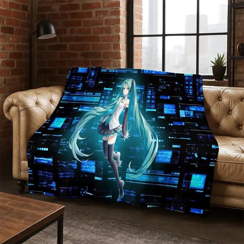 Cool Cartoon M-MIKU Music Girl Flannel Blanket Soft Warm Blanket Throw Blanket for Bedroom Living Room Bed Travel Picnic Gift Kid Cozy Vibes, Holiday Gift, Must-Have, Book Lover, Comfortable Throw, Warm Blanket, Fantasy Fans, Winter Decor, Gift