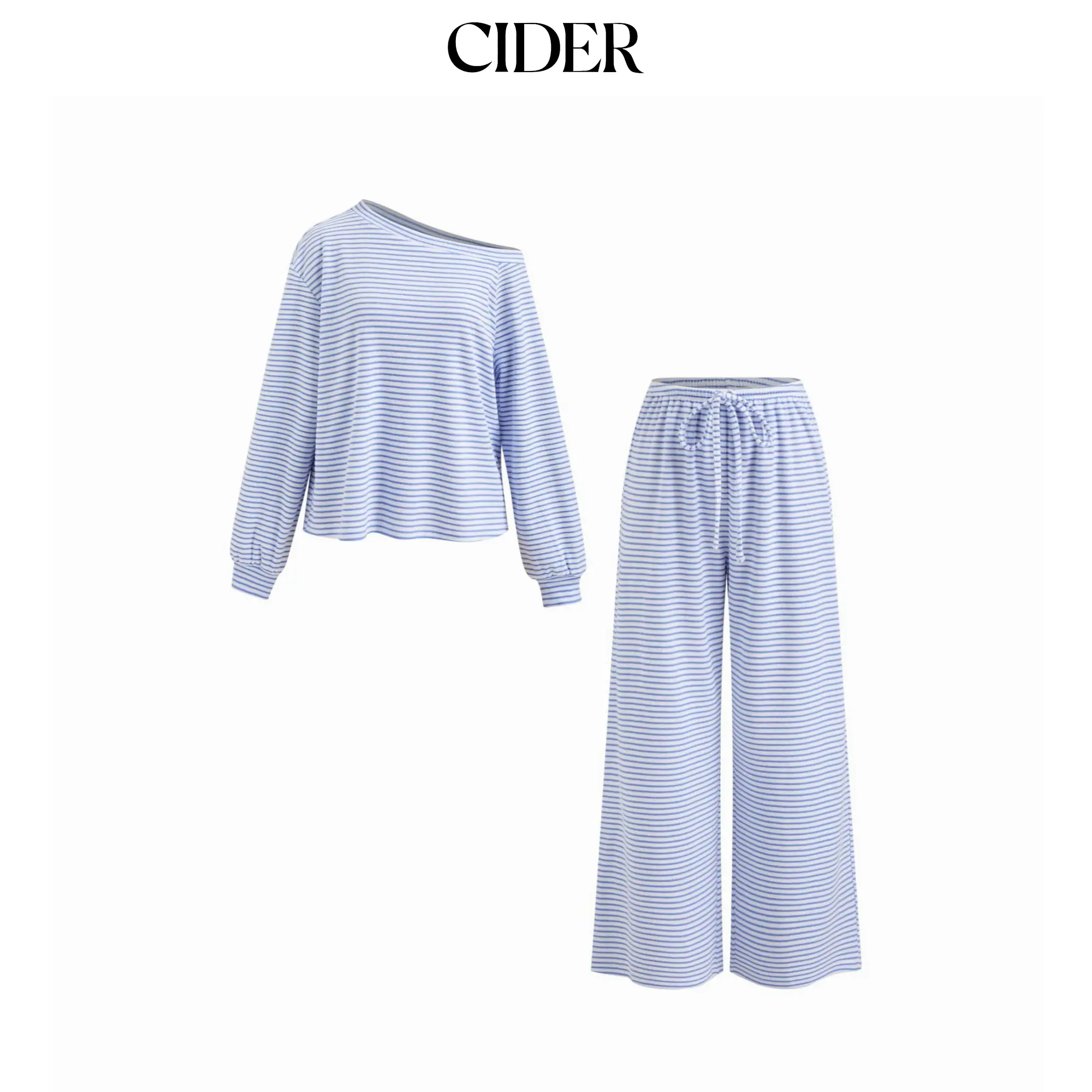 Cider Cotton-blend Asymmetrical Neck Striped Oversized Top & Mid Rise Drawstring Trousers Loungewear Set