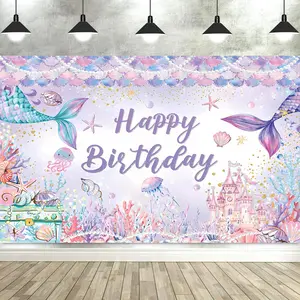 Under The Sea Mermaid Party Backdrop Banner Polyester Photography Background Tapestry Ocean Princess Decoration Photo Booth Wall Decor Birthday Celebration Indoor Outdoor Supplies