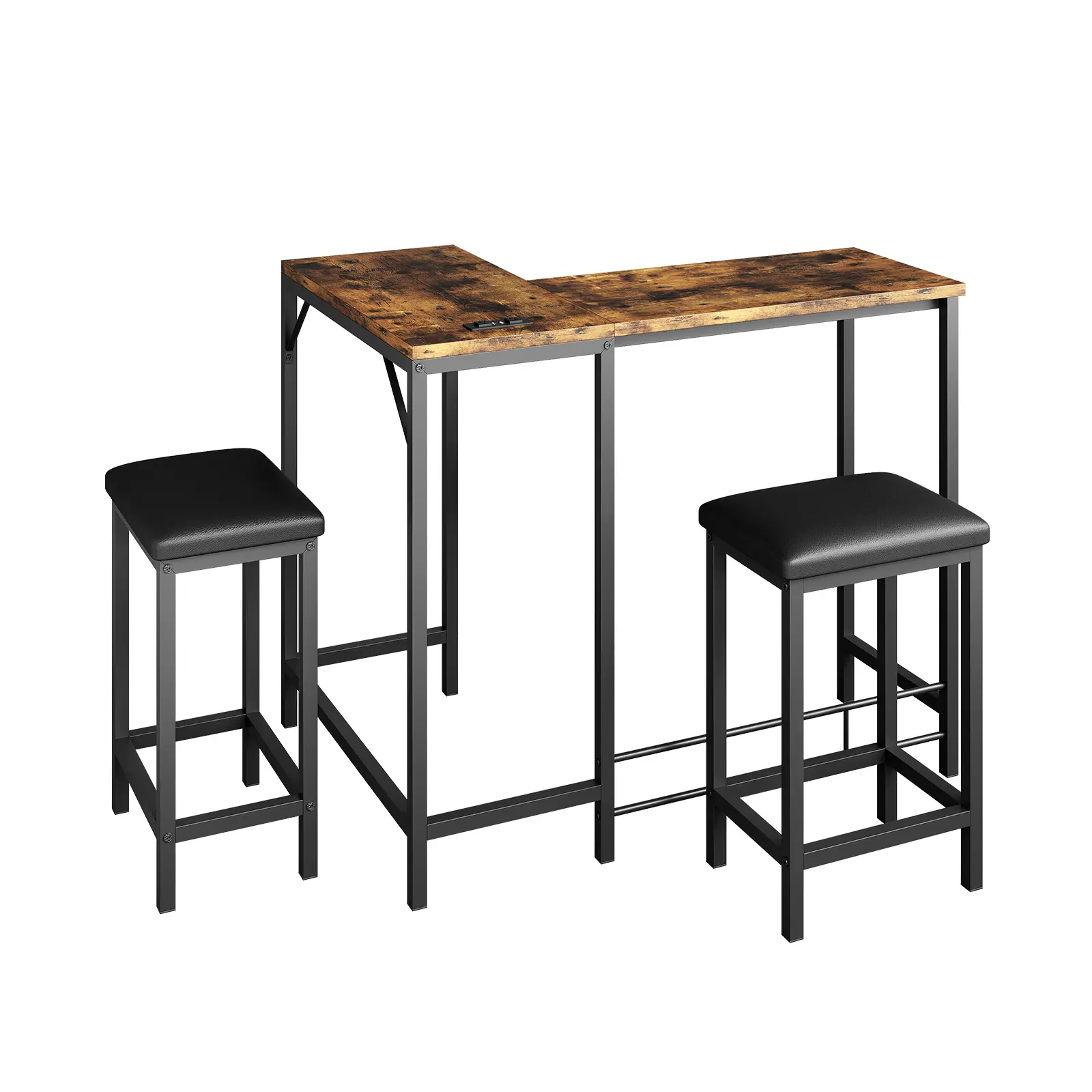 L-Shaped Convertible Dining Set - 63 Inch Bar Table with Built-in Power Outlets - 3-Piece Counter Height Breakfast Nook with 2 Stools - Space-Saving Furniture for Kitchen Corner, Seats 2-4